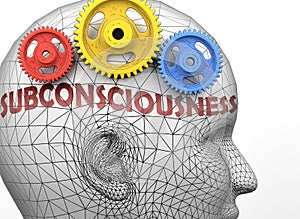Subconsciousness and human mind - pictured as word Subconsciousness inside a head to symbolize relation between Subconsciousness