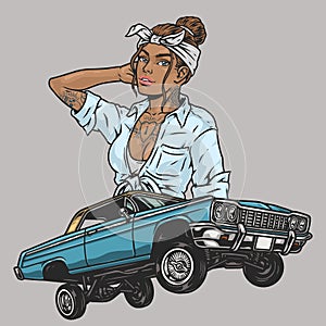 Subculture lowrider girl colorful emblem