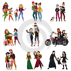 Subcultures Families Cartoon Set