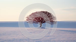 Subdued Tranquility: A Thin Red Tree On Snow