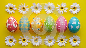 Subject Colorful Easter eggs with spring flowers, top view background