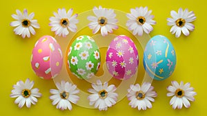 Subject Colorful Easter eggs with spring flowers, top view background