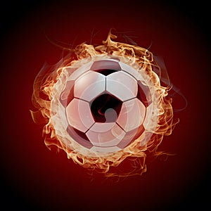 Subject Soccer ball surrounded by fiery flames in dramatic illumination