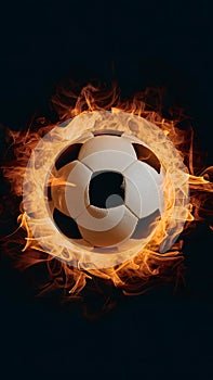 Subject Soccer ball surrounded by fiery flames in dramatic illumination