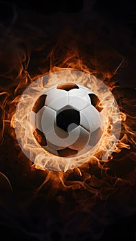 Subject Soccer ball surrounded by fiery flames in dramatic illumination