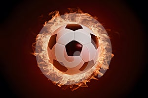 Subject Soccer ball surrounded by fiery flames in dramatic illumination