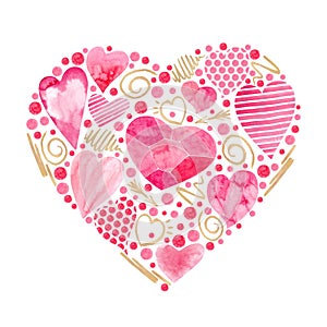 Sublimation watercolor in the form of a heart made of hearts and gold elements for Valentine's Day