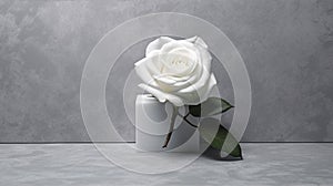 Sublime Tranquility: White Rose Flower on Grey Surface with Serene Aura