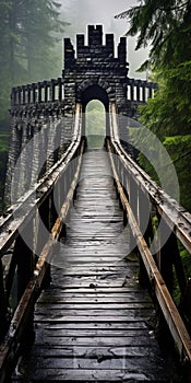 Sublime Wilderness: A Dark And Gritty Wooden Bridge Under A Fog