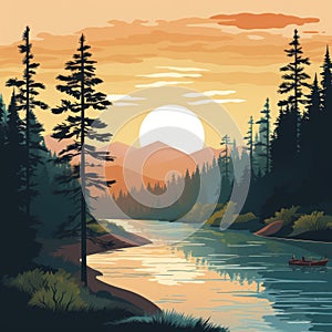 Sublime Wilderness: Graphic Illustration Of A Canoe On A River