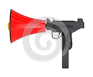 Submachine Gun with Red Megaphone Shout. Concept Symbol of Force of Mass Media, Propaganda, Word, Journalism.