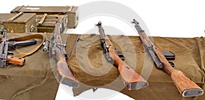 Submachine gun Sudaev Mosin rifles, carbine Simonov at the shooting range.