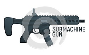 Submachine military gun, icon self defence automatic weapon concept cartoon vector illustration, isolated on white. Shooting rifle