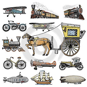 Submarine, boat and car, motorbike, Horse-drawn carriage. airship or dirigible, air balloon, airplanes corncob