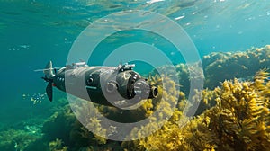 Submarine Drifting By Seaweed In Ocean