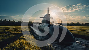 Submarine In Field: Darktable Processed Photo With Realistic Aquamarine And Yellow Tones