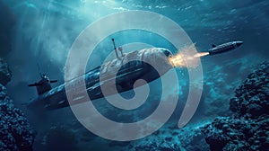 Submarine firing a torpedo underwater created with Generative AI. Battle ship of the navy.