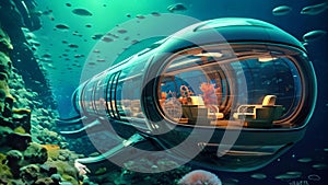 Submarine Floating Over Coral Reef, Underwater Exploration and Marine Life Encounter, The submarine of the future will be