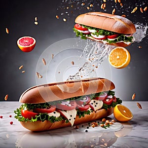 Submarine giro sub sandwich, dynamic food photo