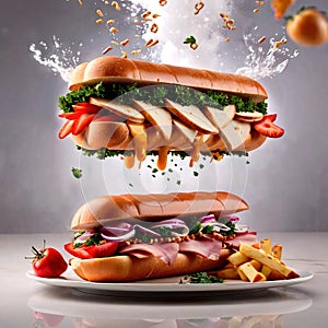 Submarine giro sub sandwich, dynamic food photo photo