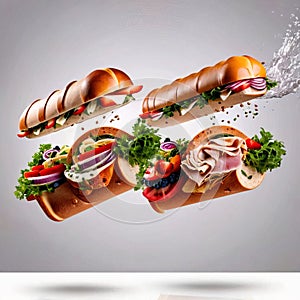 Submarine giro sub sandwich, dynamic food photo photo