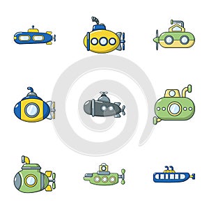 Submarine icons set, cartoon style