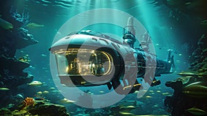 A submarine peacefully floats in the vast ocean, while colorful fish swim around it, The submarine of the future will be