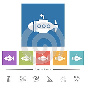 Submarine solid flat white icons in square backgrounds