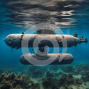 Submarine submerges underwater.