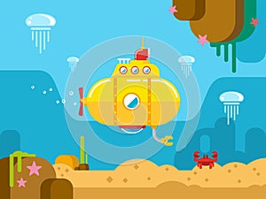 Submarine Under Water Flat Illustration