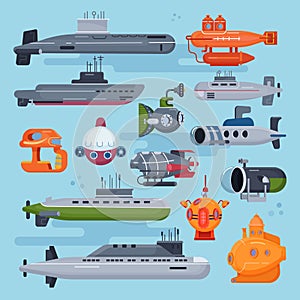 Submarine vector sea pigboat or marine sailboat underwater and ship transport in deep ocean illustration nautical set of