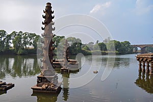 Submerged ancient ruined temple in panchganga river kolhapur. Constructed during mid of 17th century , during king Chatrapati