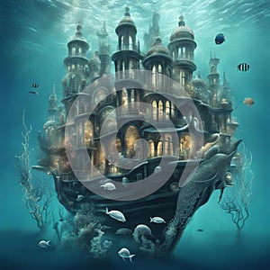 Submerged castle with lights on, among marine animals and vegetation