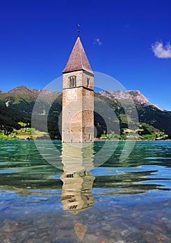 Submerged Church Tower, Lago di Resia, Italy photo
