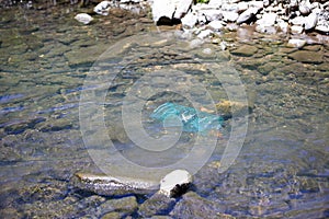 Submerged crayfish or crawdad trap in water