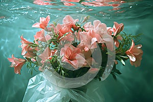 Submerged Elegance. Flowers Drifting Underwater in Plastic