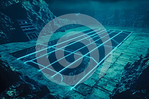 Submerged Futuristic Structure with Neon Grid Pathways