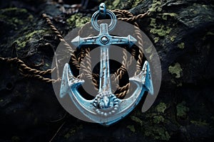 Submerged Old ship anchor on blue marine background. Generate ai