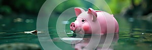 Submerged piggy bank, waterlogged and sinking , still life, crisis, debt photo