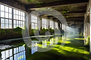 Submerged Remnants: Abandoned Indoor Space Flooded with Murky Water, Partially Collapsed Ceiling, Sunlight Piercing Through
