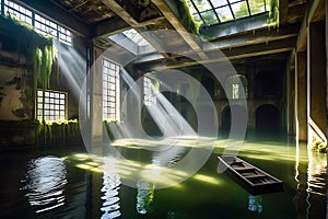 Submerged Remnants: Abandoned Indoor Space Flooded with Murky Water, Partially Collapsed Ceiling, Sunlight Piercing Through