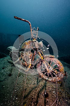 Submerged rusty motorcycle at Tor 13 dive site, Thailand