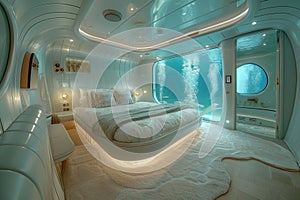 Submerged serenity: mesmerizing underwater house room reveals aquatic wonders through panoramic aquarium windows, a