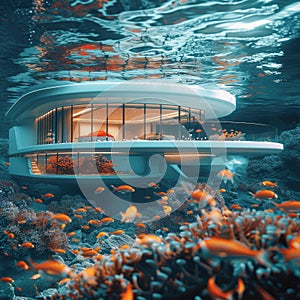 Submerged serenity: mesmerizing underwater house room reveals aquatic wonders through panoramic aquarium windows, a