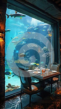 Submerged serenity: mesmerizing underwater house room reveals aquatic wonders through panoramic aquarium windows, a