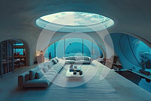 Submerged serenity: mesmerizing underwater house room reveals aquatic wonders through panoramic aquarium windows, a