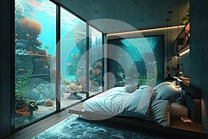 Submerged serenity: mesmerizing underwater house room reveals aquatic wonders through panoramic aquarium windows, a