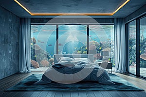 Submerged serenity: mesmerizing underwater house room reveals aquatic wonders through panoramic aquarium windows, a