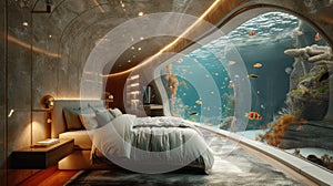 Submerged serenity: mesmerizing underwater house room reveals aquatic wonders through panoramic aquarium windows, a