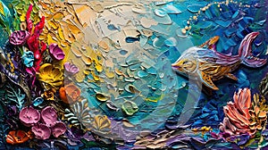 Submerged textures: the underwater world through impasto. the depth and richness of marine life with bold and textured